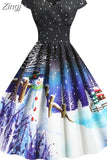 Print Vintage Christmas Dress Women Winter Big Swing Elegant Short Sleeve V Neck Sexy New Year Party