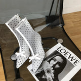 Korean-Style Sexy Pointed Mesh Polka Dot Breathable Hollow Bow Stiletto Ankle Boots for