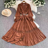 Elegant Dress Women Spring And Autumn French Retro Collar Lace Lace To Receive Waist Single Buckle Swoon