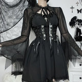 Vertical Collar Lace Splicing Strap Burnt Cuff Blouse Dark Wind Short Style Perspective Blouse