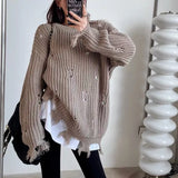 Zingj Hole Sweater Female Autumn Winter Design Sense Niche 2024 New Loose Lazy Wind Retro Bottom Sweater Female-Outfit