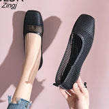Spring Summer Ballet Flats Women Casual Knit Fabric Stretchy Square Toe Flat Heel Boat
