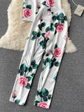 Women Floral Two Piece Set Office Ladies Printed Turn-Down Collar Single Breasted Tops + High Waist Wide Leg Pants Suit 2023