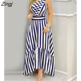 Elegant One Shoulder Striped Colorblock Sleeveless Asymmetric High Waist Casual Maxi Dresses Fashion Sexy Skinny