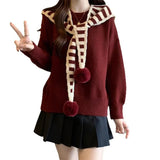 Two Striped Shawl Knitted Jersey Anola Red Sweater Women's Autumn And Winter Loose Knitted
