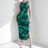 Spring Summer New Women's Temperament Elegant Sleeveless Open Forked Waist Sexy Printed Fashion