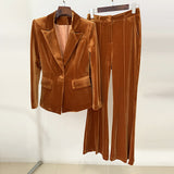 And Winter 2025 New Women's Professional Fashion A Buckle Gold Velvet Suit Jacket + Horn Pants Set Two