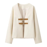 New Women's V-Neck Solid Color Bhise Tripty-Fitting With Soft Long-Sleeved Coat Loose Leisure