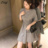 Women Korean Style Black White Plaid Lovely Girl Retros All-match Streetwear Vintage Summer Hollow Out Waist Sundress