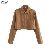 Women Fashion 5 Solid Color Single Pocket Short Blouse Office Lady Long Sleeve Shirt Business Blusa Chic Crop Tops