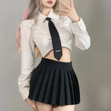Zingj Autumn 2023 New Women's Solid Color Slim Collar Fashion Tie Crop Long Sleeve T-Shirt-Outfit