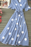 Polka Dot Midi Dress Summer 2023 Sexy V-neck Flare Sleeve Casual Vestidos Verano Elegant Blue/White Sashes Dresses