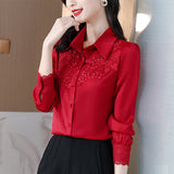 Spring 2025 New Shirt High-End Satin Stitching Lace Long-Sleeved