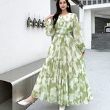 Temperament Dress Women 2025 Summer New High-End Feeling Waist Round Lantern Sleeve Print