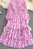 Women Pritned Long Dress Vintage Stand Collar Single Breasted Puff Sleeve High Waist A-Line Elegant Big Swing Maxi