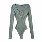 Long-Sleeved V-Neck Buckle Autumn And Winter T-Shirt Hottie T-Shirt Girl Solid Color Bottom Sexy Blouse