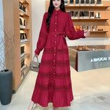 Gentle Style Dress Spring New Female Design Hollow Lace Splicing Bubble Sleeve Holiday