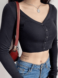 Ribbed Long Sleeve Button Crop Top- Outfit