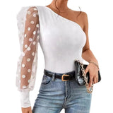 Zingj Women's 2024 New Inclined Shoulder Single Sleeve Wave Dot Mesh Splicing Long Sleeve Waist Show Thin Female Jacket