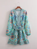Women's Long-Sleeved V-Neck Positioning Floral Dress