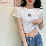 Zingj 2024 Summer High Waist Crop Short T-Shirt Women Slim And Thin Butterfly Embroidery Short-Sleeved Top