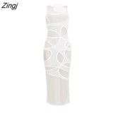 Sexy Hollow Out See Through Midi Dress Summer Women Skinny O Neck Sleeveless Dresses Elegant High Street Party