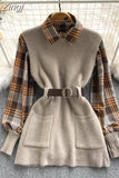 Winter Knitted Vest Two 2 Piece Set Women Long Sleeve Plaid Shirt Sleeveless Sweater Tops Suits Womens Shirts Sets