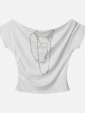 New Slanted Shoulder Pure Hottie Gray T-Shirt Girl Loose Heavy Metal Decorative