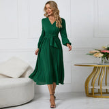 Thin Women's New Long-Sleeved Slim 100-Folded Belt V-Neck Dress