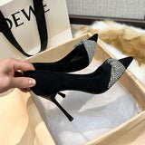 Heel High Heels Tips Drill Single Shoes Shallow Velvet Ultra-High Heel Black High Heels Women's Shoes