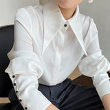 Vintage Satin Silk Women Shirt Turn Down Collar Woman Loose Blouse White Long Sleeve Shirts Blusas Office Lady Tops
