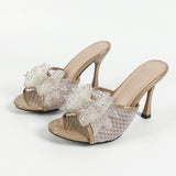 New 9CM High Heel Thin Mesh Slippers Women Cool Drag Toe Bow Large Size Women's