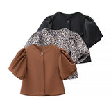 Temperament Women's Top Print Simple Short Sleeve Three-Color New Spring Loose Bubble Sleeve