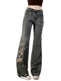 West Of The Cowboy Wind Plant Flowers Embroidered Low-Waisted Trousers Hottie Water Wash Old Leisure