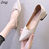 Women Leather Pumps Shoes Office Lady Med Square Heel Pointy Toe Slip On Work Shoes Classic Heel 4
