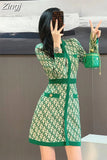 Winter Green Patchwork Knitted Sweater Dress Women Vintage Print Sweater Dress Elegant Long Sleeve Pullover Dress