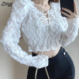 Women Clubwear Solid Fashion Lace-up Design Feminine Autumn All-match Sweet Style Sexy Korean Y2k Crops Slim Blusas