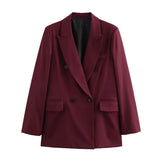 Women's Clothing Explosion Fashion Temperament Wine Red Blazer Double