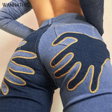 Denim Patchwork Women's Flare Baggy Jeans Palm Art High Waist Pants Vintage Button Streetwear Harajuku Pantalones