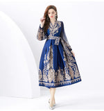Famous Woman On Holiday Wrapped With V-Neck Lantern Sleeve Long Retro-Print Dress Elegant