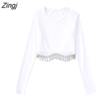 Women Fashion O Neck Black White Color Knitting Short Blouse Female Hem Diamond Tassel Slim Shirt Chic Blusas Tops