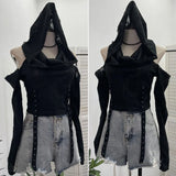 Shooting Doomsday Wasteland Wind To Make Old Worn Hooded Long-Sleeved T-Shirt Short High-Waisted Umbilly Top