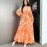 Temperament Dress Women 2025 Summer New High-End Feeling Waist Round Lantern Sleeve Print