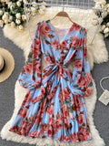 Women Floral Draped Mini Dress Bohemian Female V-Neck Puff Long Sleeve High Waist Bandage Pleated Vestido Female Robe
