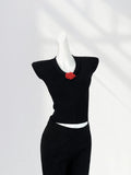 Zingj Show Thin Ultra-Soft Short Knit Top Women's Summer Thin V-Neck Small Flying Sleeve Black Rose Lace-Up Short