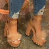 Summer New Thick Heel Sandals Women Feel A Buckle With Fur Fashion Women's