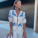 Women's V-Neck Tie With Printed Short-Sleeved Top - Explosive Long-Term Stocking Assured
