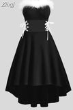 Christmas Party Dress Women Off Shoulder Faux Fur Lace Up Asymmetrical Midi Long Dress Spaghetti Strap Xmas New Year
