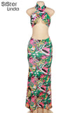 Colorful Print Two Piece Sets Women Summer Sleeveless Bandage Wrapped Camisole Vests+Long Skirts Lady Party