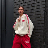Knitted Cardigan Collar Zipper Retro Sports Rice White Hit Red High Street Burst